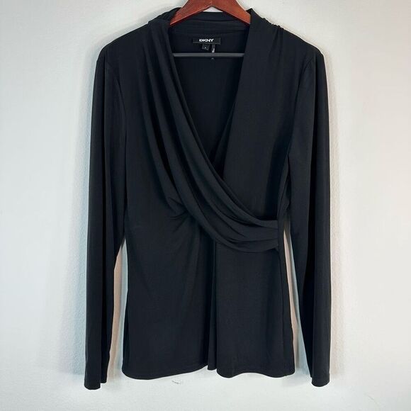 DKNY Black Faux Wrap Ruched Longsleeve Top Womens Large Minimalist Stretch Chic - Picture 1 of 9